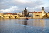 Tourist Boats On The Vlatva River By The Charles Bridge And The Old Town, Prague, Czech Republic