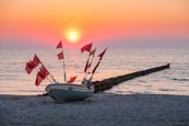 Fishing Boat On The Beach At Sunset At Ahrenshoop, Mecklenburg-Vorpommern, Germany