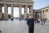 Thumbnail image of Kim Jong Un impersonator at the Brandenburg Gate, Berlin