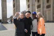 Thumbnail image of Kim Jong Un impersonator at the Brandenburg Gate, Berlin