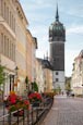 Thumbnail image of Coswiger Strasse with Schlosskirche, Lutherstadt Wittenberg, Saxony Anhalt, Germany