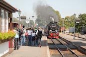 Thumbnail image of Steam train arriving at Westerntor Station with tourists waiting to board, Wernigerode, Saxony Anhal