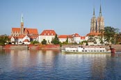 Thumbnail image of Cathedral Island Ostrow Tumski with tourist boat on the River Oder, Wroclaw, Poland