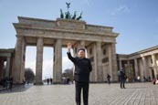 Thumbnail image of Kim Jong Un impersonator at the Brandenburg Gate, Berlin