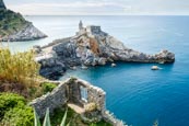 Thumbnail image of view over Porto Venere with the Church of St. Peter and Byron Grotto, Liguria, Italy